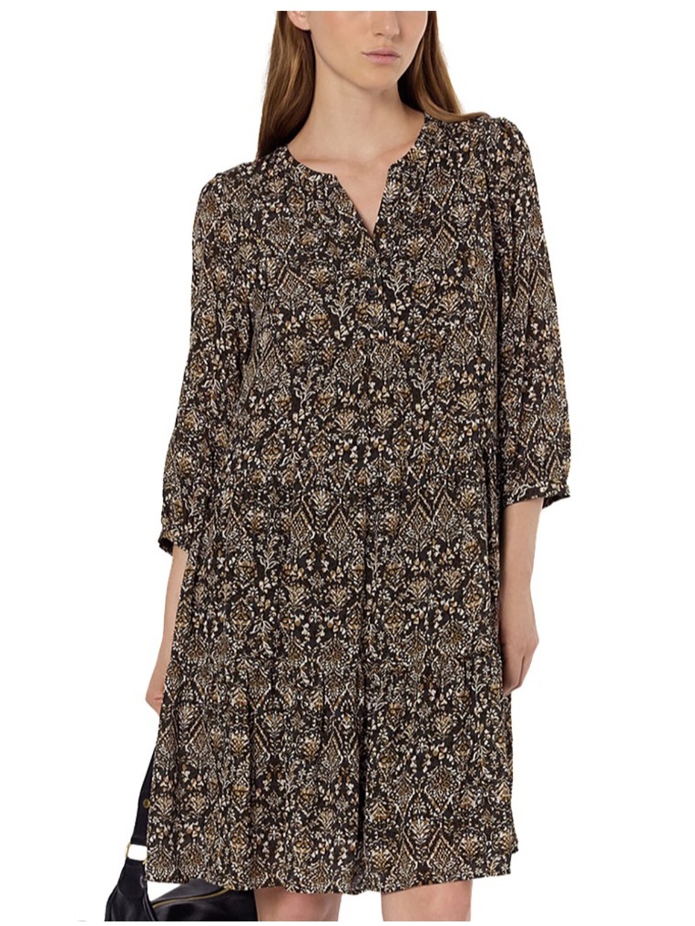 Gerard Darel Lyne Dress Woven Floral Print Relaxed Tunic Dress - Black/Brown